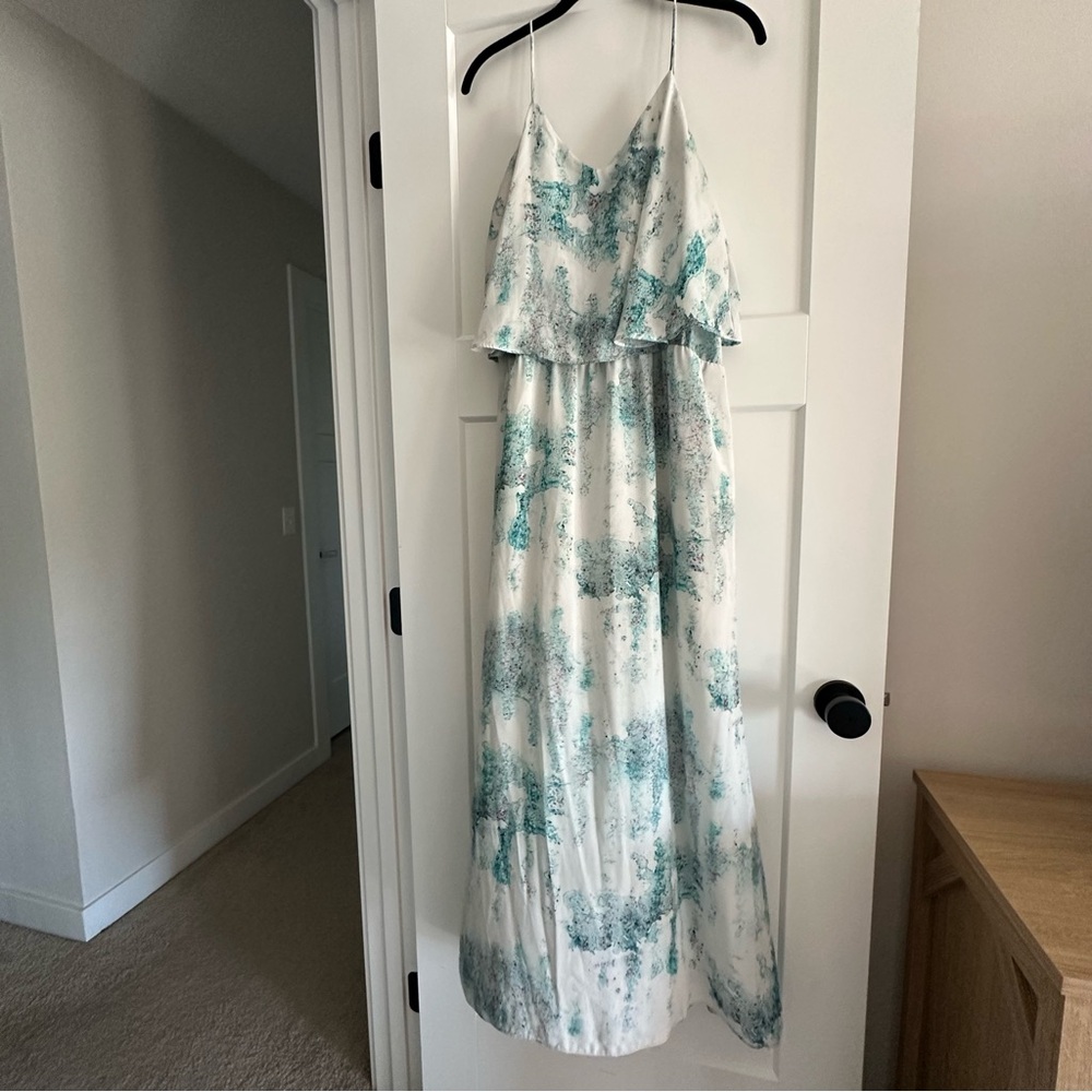 Spaghetti Strap Dress Maxi Teal White Flowy Polyester Long Lined